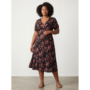 A New Day Womens Black Pink Floral Midi Dress XL Short Sleeve Rayon V-Neck